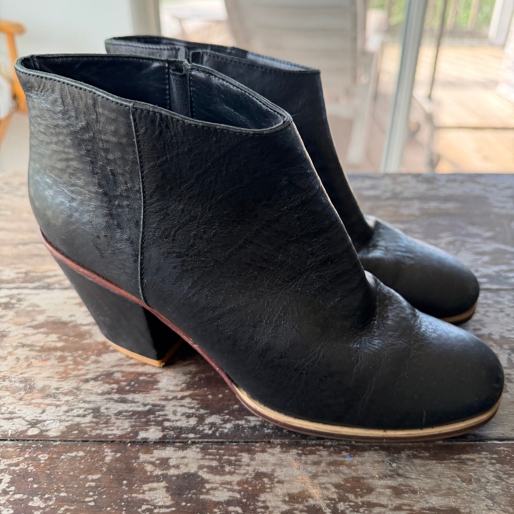 Rachel Comey Black Leather Ankle Boots Block Heel Side Zip Womens 8